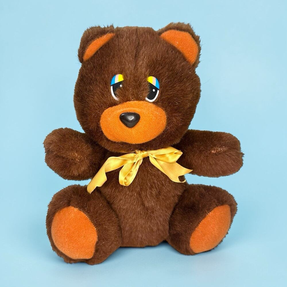 Vintage 80s Plush Brown Teddy Bear Rainbow Eyes 1984 Rom Manufacturing 54 Retro